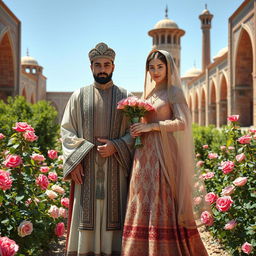 An ancient Iranian couple in traditional attire surrounded by an intricate backdrop of historical Persian architecture