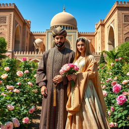 An ancient Iranian couple in traditional attire surrounded by an intricate backdrop of historical Persian architecture