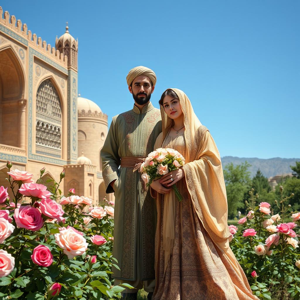 An ancient Iranian couple in traditional attire surrounded by an intricate backdrop of historical Persian architecture