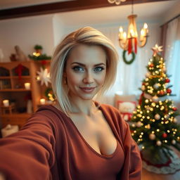 A sexy Russian woman aged 35 years with a fashionable hairstyle and light blonde hair, taking a selfie