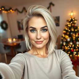 A sexy Russian woman aged 35 years with a fashionable hairstyle and light blonde hair, taking a selfie