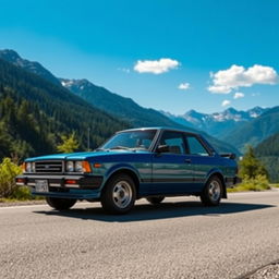 A classic 1986 Subaru Leone parked on a scenic mountain road, surrounded by lush greenery and majestic mountains in the background