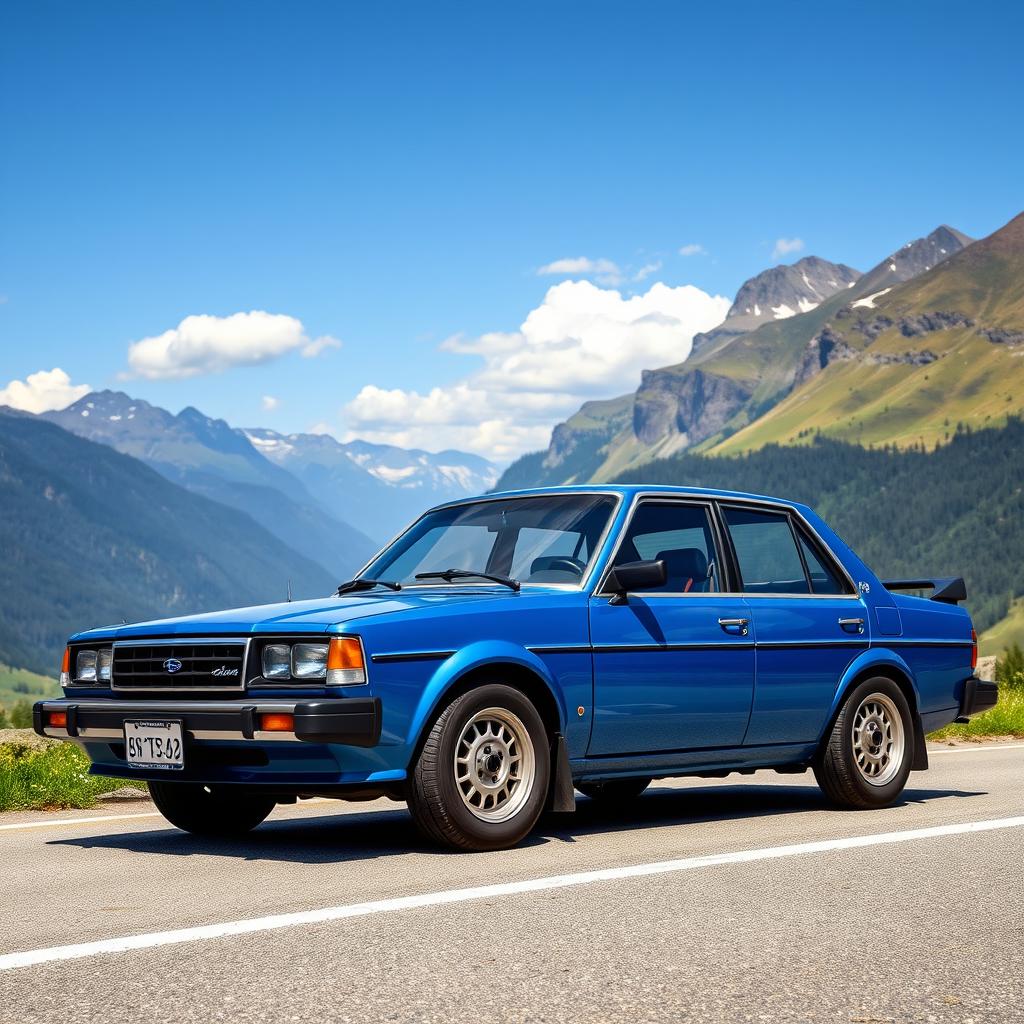 A classic 1986 Subaru Leone parked on a scenic mountain road, surrounded by lush greenery and majestic mountains in the background