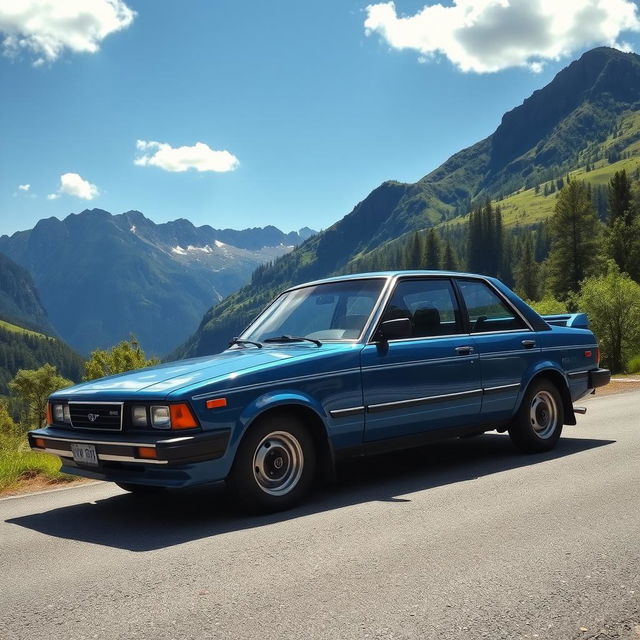 A classic 1986 Subaru Leone parked on a scenic mountain road, surrounded by lush greenery and majestic mountains in the background