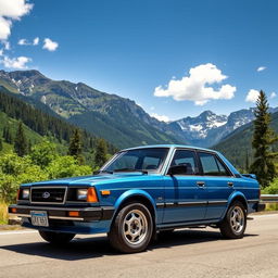 A classic 1986 Subaru Leone parked on a scenic mountain road, surrounded by lush greenery and majestic mountains in the background