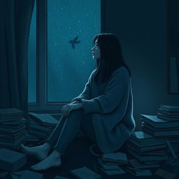 A moody young woman sitting alone in a dimly lit room, surrounded by scattered books and art supplies, reflecting her melancholic state