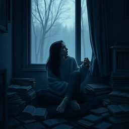 A moody young woman sitting alone in a dimly lit room, surrounded by scattered books and art supplies, reflecting her melancholic state
