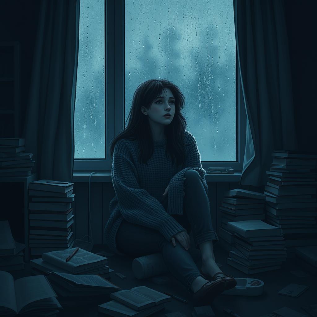 A moody young woman sitting alone in a dimly lit room, surrounded by scattered books and art supplies, reflecting her melancholic state