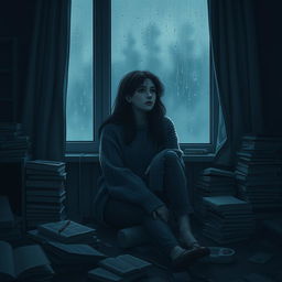 A moody young woman sitting alone in a dimly lit room, surrounded by scattered books and art supplies, reflecting her melancholic state