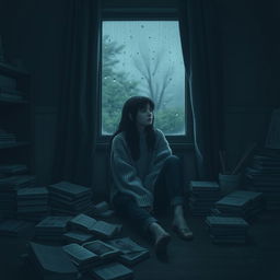 A moody young woman sitting alone in a dimly lit room, surrounded by scattered books and art supplies, reflecting her melancholic state