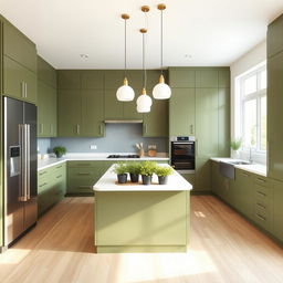 A modern kitchen designed with elegant olive green cabinets, featuring sleek handles and a minimalist style