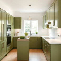A modern kitchen designed with elegant olive green cabinets, featuring sleek handles and a minimalist style