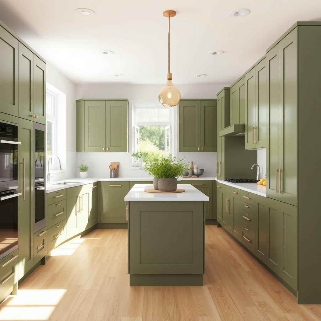 A modern kitchen designed with elegant olive green cabinets, featuring sleek handles and a minimalist style