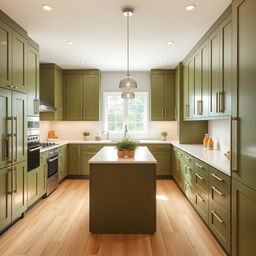 A modern kitchen designed with elegant olive green cabinets, featuring sleek handles and a minimalist style