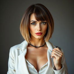 A sexy Russian woman aged between 35 to 45 years with a fashionable bob hairstyle