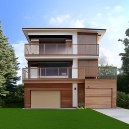 A beautiful three-story building with dimensions of 100ft x 30ft, boasting an integrated garage on the right side. The garage contains interior stairs leading to the upper floors.