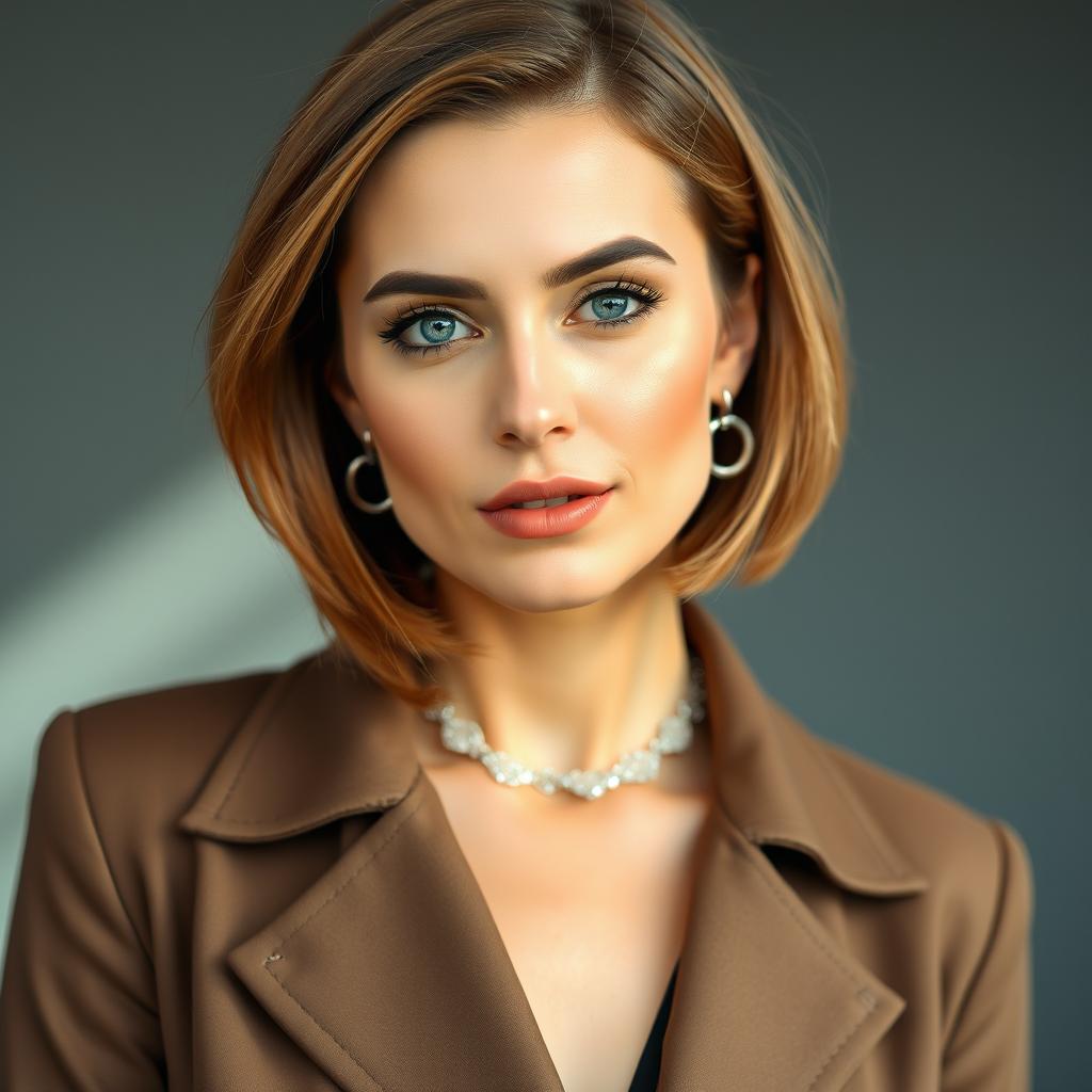 A sexy Russian woman aged between 35 to 45 years, featuring a fashionable bob hairstyle