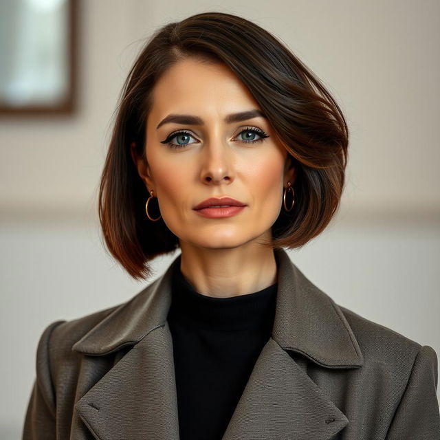 A sexy Russian woman aged between 35 to 45 years, featuring a fashionable bob hairstyle