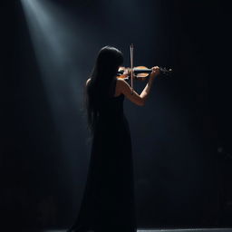 A dramatic scene depicting a woman playing the violin alone on stage, captivating the audience with her performance