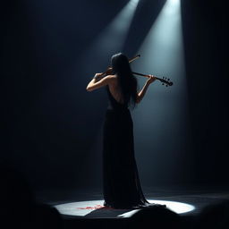 A dramatic scene depicting a woman playing the violin alone on stage, captivating the audience with her performance