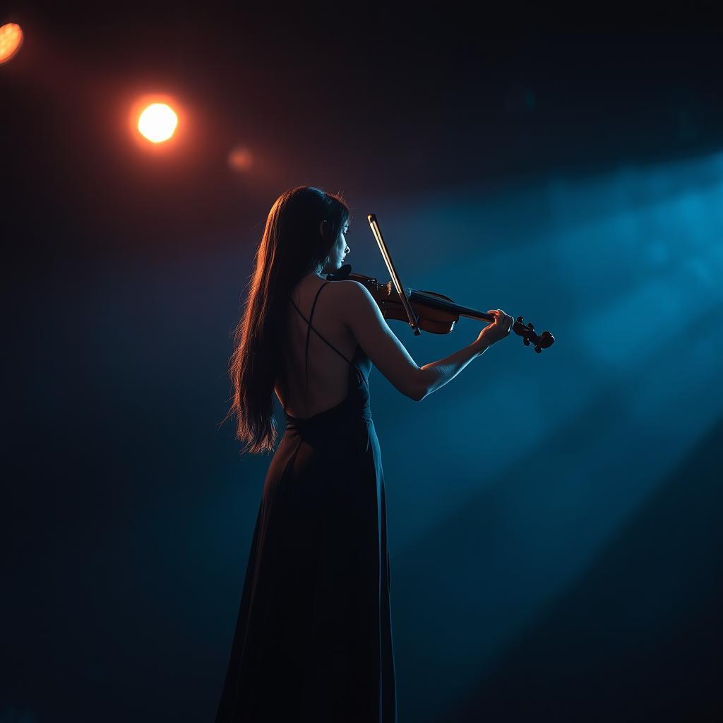 A dramatic scene depicting a woman playing the violin alone on stage, captivating the audience with her performance