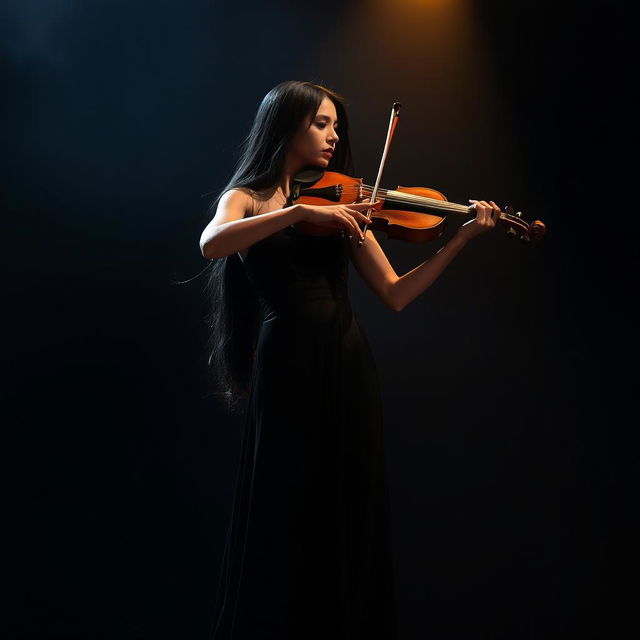 A dramatic scene depicting a woman playing the violin alone on stage, captivating the audience with her performance