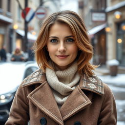 A sexy Russian woman aged between 35 to 45 years with a fashionable hairstyle, dressed in modest yet stylish clothing suitable for winter