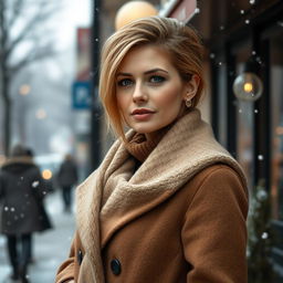A sexy Russian woman aged between 35 to 45 years with a fashionable hairstyle, dressed in modest yet stylish clothing suitable for winter