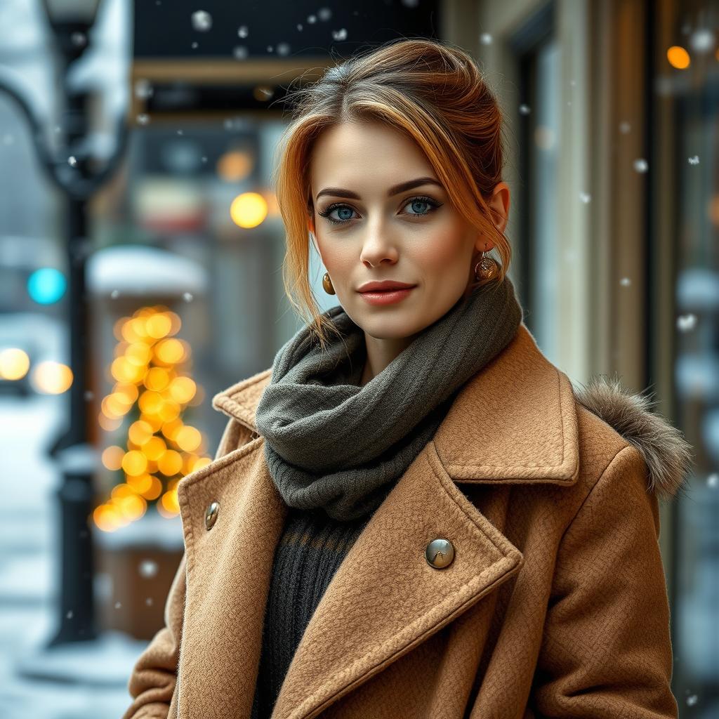 A sexy Russian woman aged between 35 to 45 years with a fashionable hairstyle, dressed in modest yet stylish clothing suitable for winter