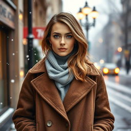 A sexy Russian woman aged between 35 to 45 years with a fashionable hairstyle, dressed in modest yet stylish winter clothing