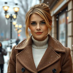 A sexy Russian woman aged between 35 to 45 years with a fashionable hairstyle, dressed in modest yet stylish winter clothing
