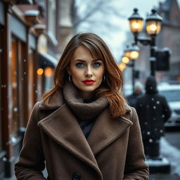 A sexy Russian woman aged between 35 to 45 years with a fashionable hairstyle, dressed in modest yet stylish winter clothing