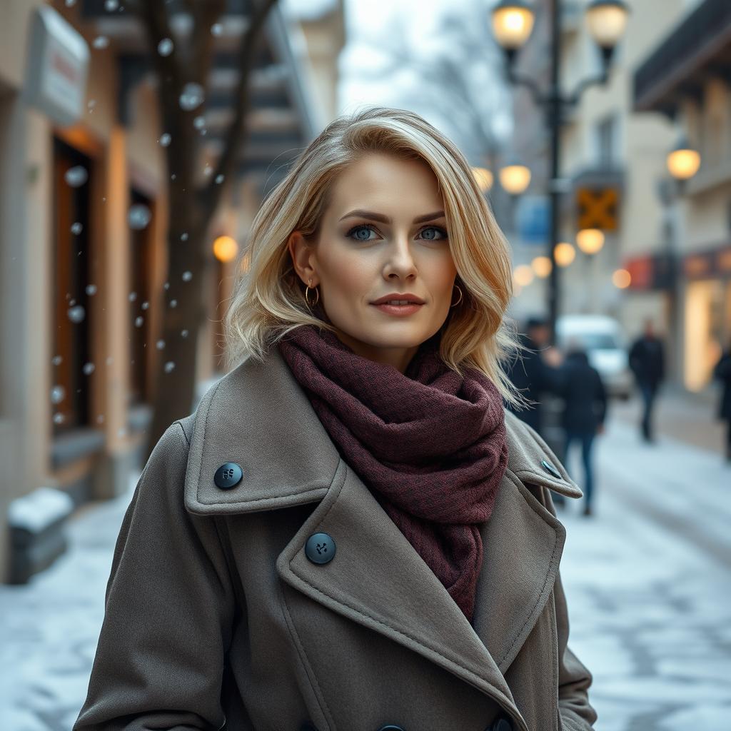 A sexy Russian woman aged between 35 to 45 years with a fashionable hairstyle, dressed in modest yet stylish winter clothing