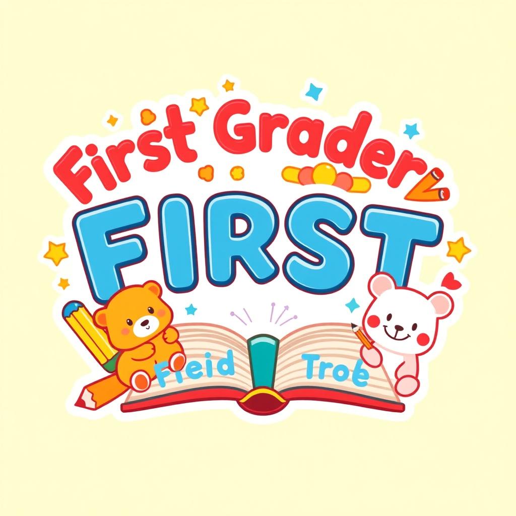 A charming and colorful logo for a page dedicated to first graders and reading