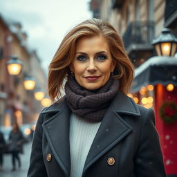 A sexy Russian woman aged between 45 to 50 years with a fashionable hairstyle, elegantly dressed in modest yet stylish winter clothing