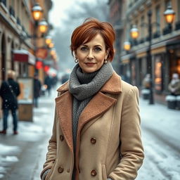 A sexy Russian woman aged between 45 to 50 years with a fashionable hairstyle, elegantly dressed in modest yet stylish winter clothing