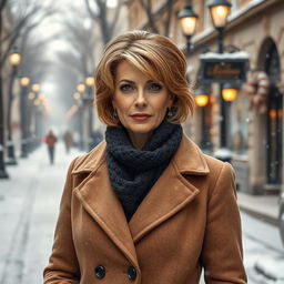 A sexy Russian woman aged between 45 to 50 years with a fashionable hairstyle, elegantly dressed in modest yet stylish winter clothing