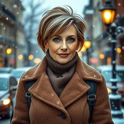 A sexy Russian woman aged between 45 to 50 years with a fashionable hairstyle, elegantly dressed in modest yet stylish winter clothing