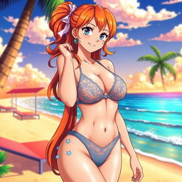 An illustration of Nami from the anime One Piece, depicted in sexy lingerie