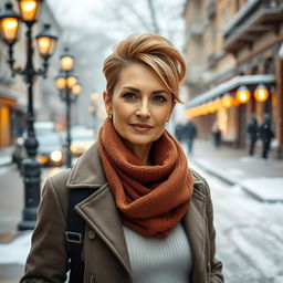 A sexy Russian woman aged between 45 to 50 years with a trendy hairstyle, dressed in modest yet stylish winter clothing