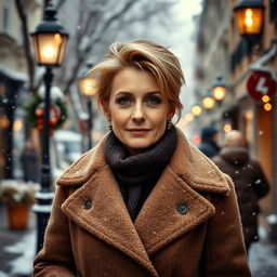 A sexy Russian woman aged between 45 to 50 years with a trendy hairstyle, dressed in modest yet stylish winter clothing