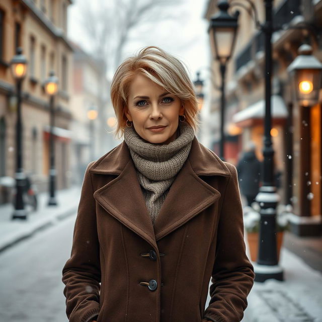 A sexy Russian woman aged between 45 to 50 years with a trendy hairstyle, dressed in modest yet stylish winter clothing