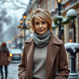 A sexy Russian woman aged between 45 to 50 years with a trendy hairstyle, dressed in modest yet stylish winter clothing
