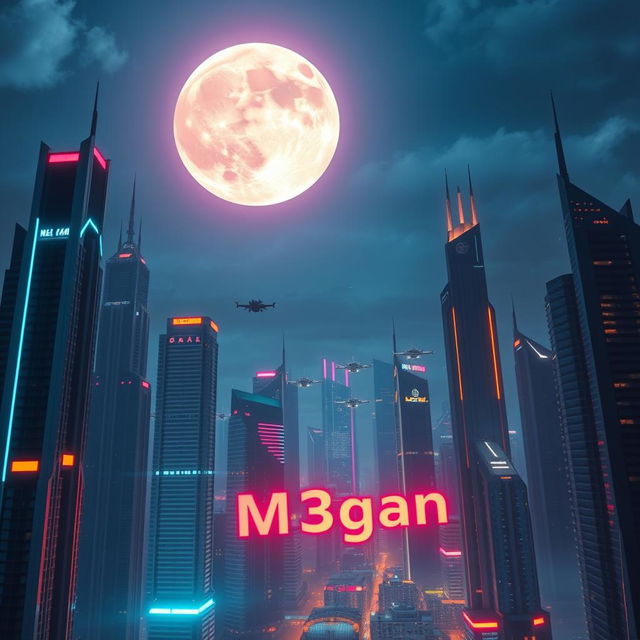 A breathtaking futuristic cityscape under a massive super moon, casting a radiant glow over the skyline