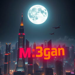 A breathtaking futuristic cityscape under a massive super moon, casting a radiant glow over the skyline
