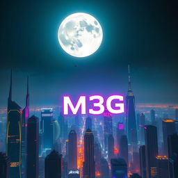 A breathtaking futuristic cityscape under a massive super moon, casting a radiant glow over the skyline