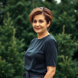 A sexy Russian woman aged between 45 to 50 years with a fashionable hairstyle, dressed in modest yet stylish clothing