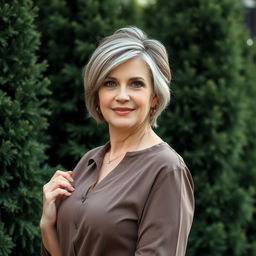 A sexy Russian woman aged between 45 to 50 years with a fashionable hairstyle, dressed in modest yet stylish clothing