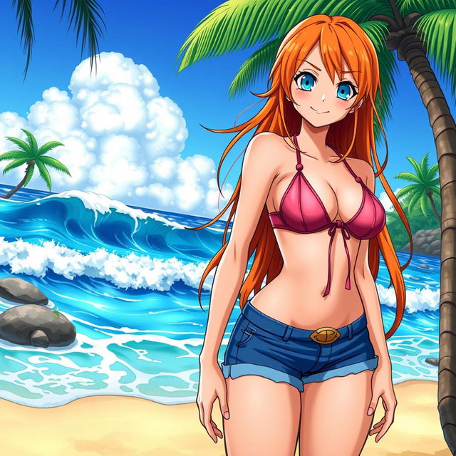 A stunning illustration of Nami from the anime One Piece, dressed in revealing, hot attire that showcases her curves
