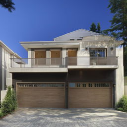 A beautiful three-story building with dimensions of 100ft x 30ft, boasting an integrated garage on the right side. The garage contains interior stairs leading to the upper floors.